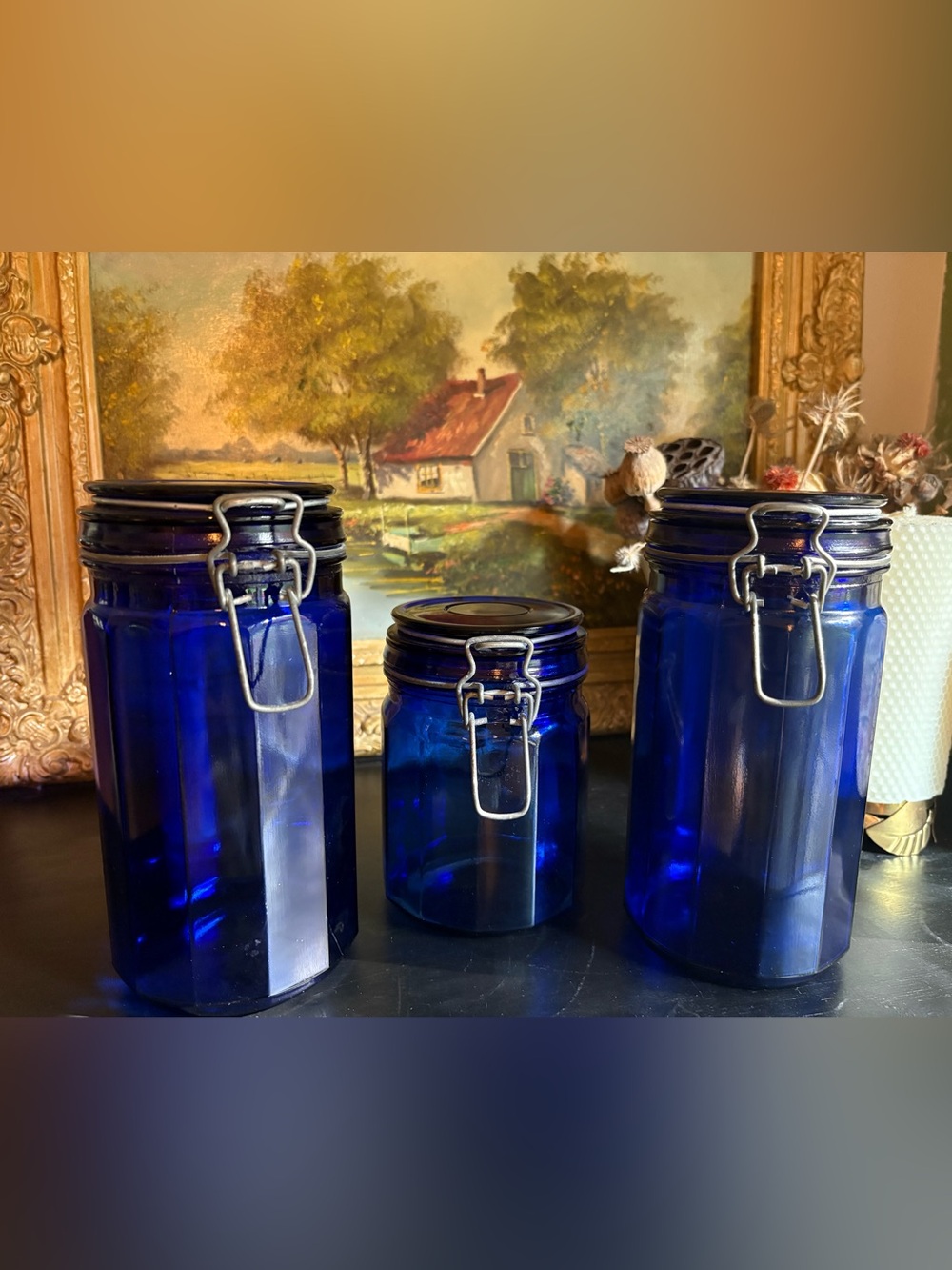 VTG Set of 3 Cobalt Blue Glass Hinged Top Storage Containers (2 Tall, 1 Short)